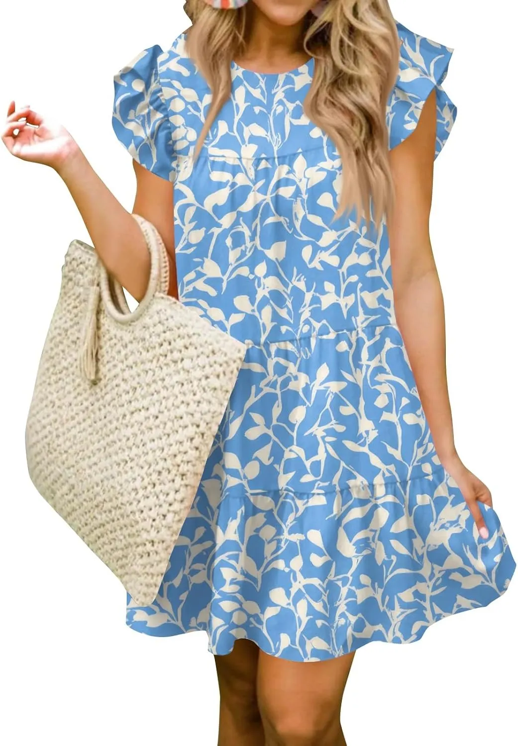 Women Babydoll Summer Casual Crew Neck Ruffle Sleeve Sleeveless Flowy Mini Short Tunic Dress Floral Print Pleated Dress5-Blue,Large