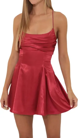 Women Backless Bow Knot Tie Back Satin Mini Dress Spaghetti Strap Flowy Short Dresses Party Graduation Dress
