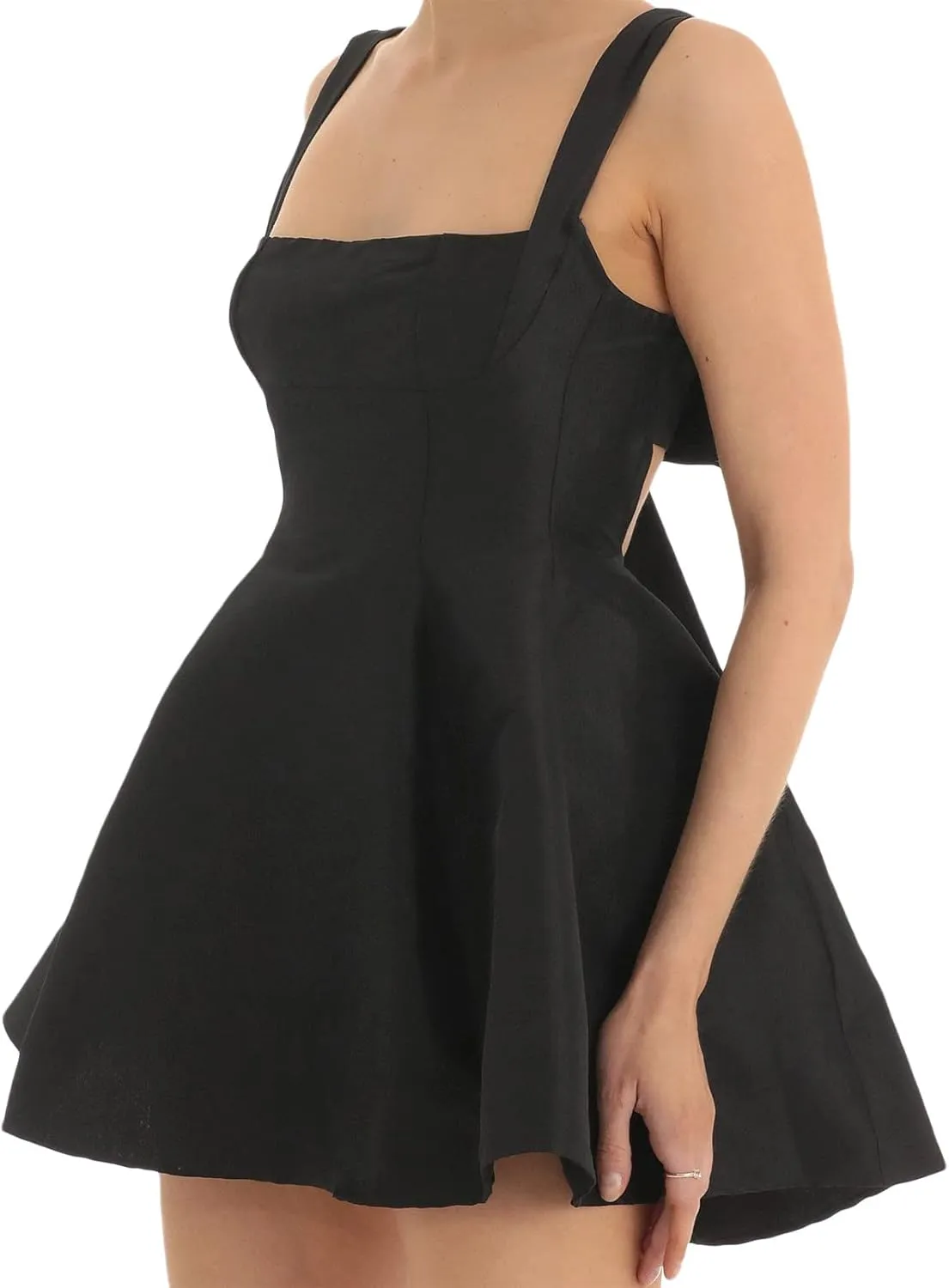 Women Backless Bow Knot Tie Back Satin Mini Dress Spaghetti Strap Flowy Short Dresses Party Graduation Dress