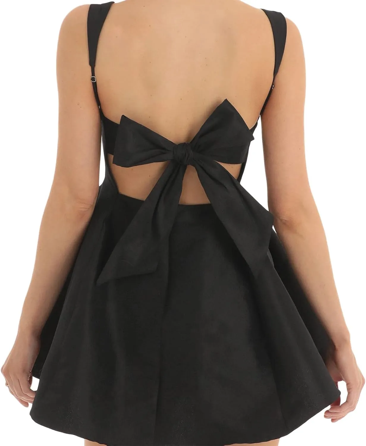 Women Backless Bow Knot Tie Back Satin Mini Dress Spaghetti Strap Flowy Short Dresses Party Graduation Dress