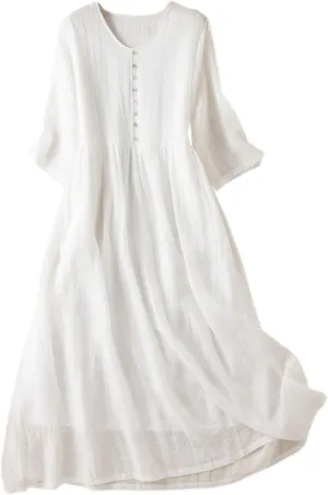Women Boho Cotton Linen Dresses 3/4 Sleeve Maxi Long Dress V Neck Button Pleated Flowy Dresses Trendy Beach Dresses