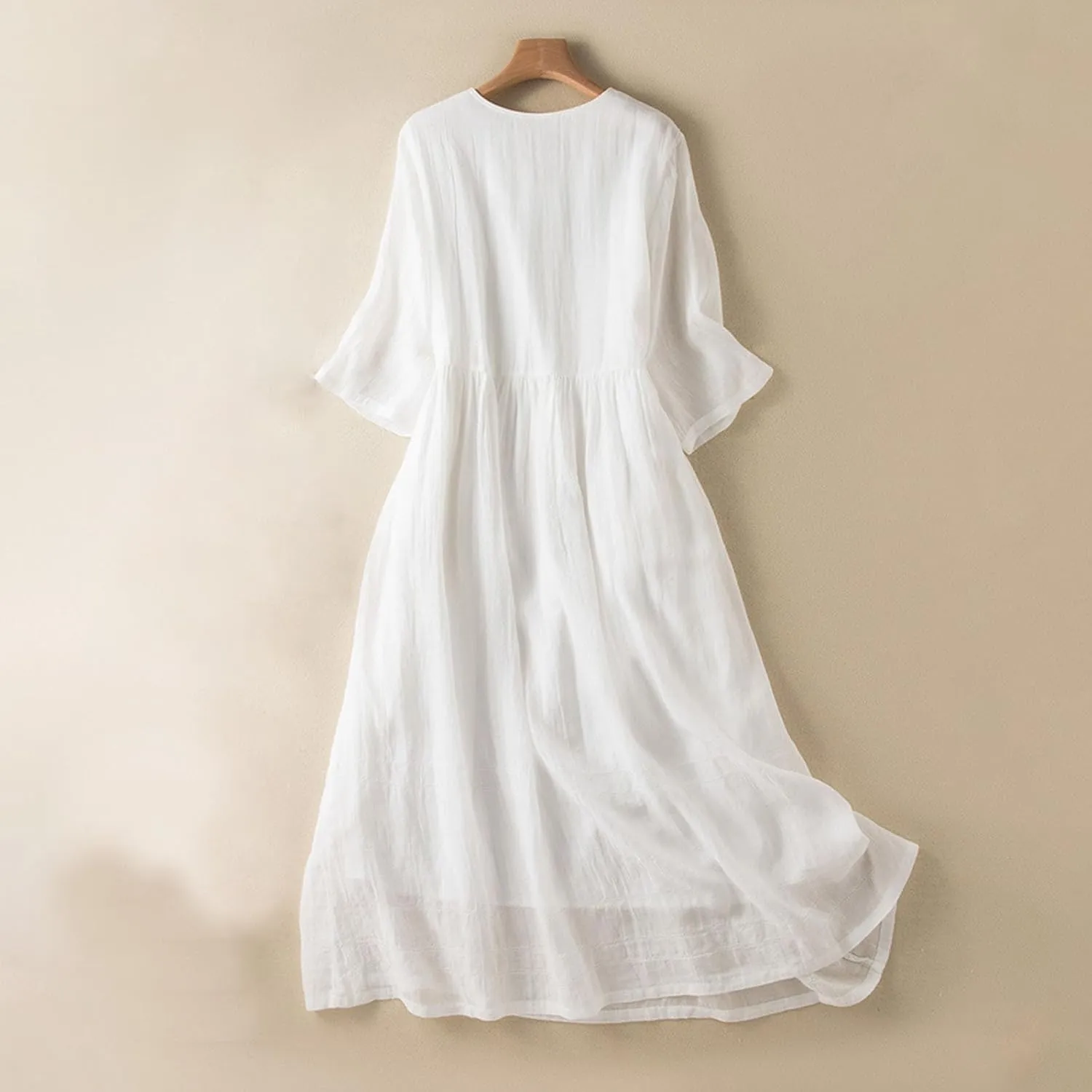 Women Boho Cotton Linen Dresses 3/4 Sleeve Maxi Long Dress V Neck Button Pleated Flowy Dresses Trendy Beach Dresses