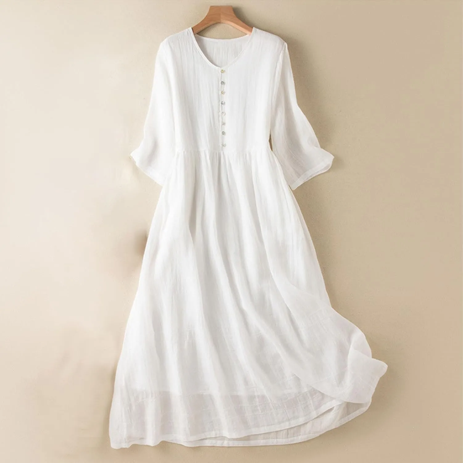 Women Boho Cotton Linen Dresses 3/4 Sleeve Maxi Long Dress V Neck Button Pleated Flowy Dresses Trendy Beach Dresses