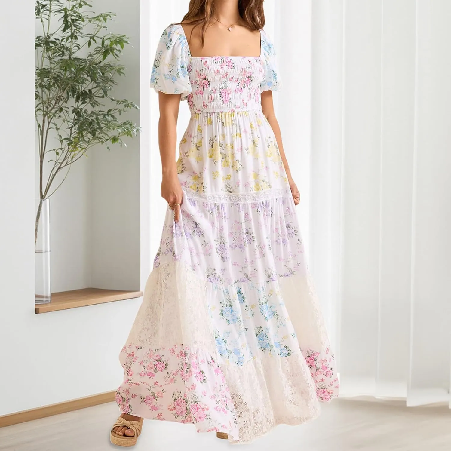 Women Boho Patchwork Maxi Dress Puff Short Sleeve Floral Smocked Long Dress Square Neck Flowy A-Line Long Beach Sundress