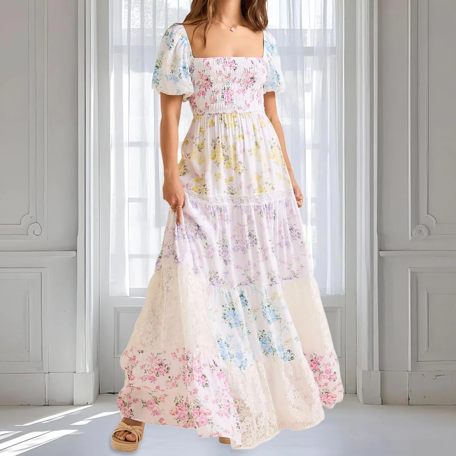 Women Boho Patchwork Maxi Dress Puff Short Sleeve Floral Smocked Long Dress Square Neck Flowy A-Line Long Beach Sundress