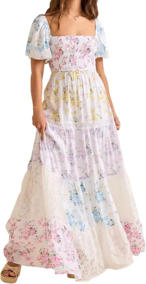 Women Boho Patchwork Maxi Dress Puff Short Sleeve Floral Smocked Long Dress Square Neck Flowy A-Line Long Beach Sundress