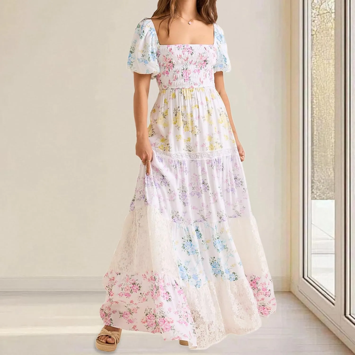 Women Boho Patchwork Maxi Dress Puff Short Sleeve Floral Smocked Long Dress Square Neck Flowy A-Line Long Beach Sundress