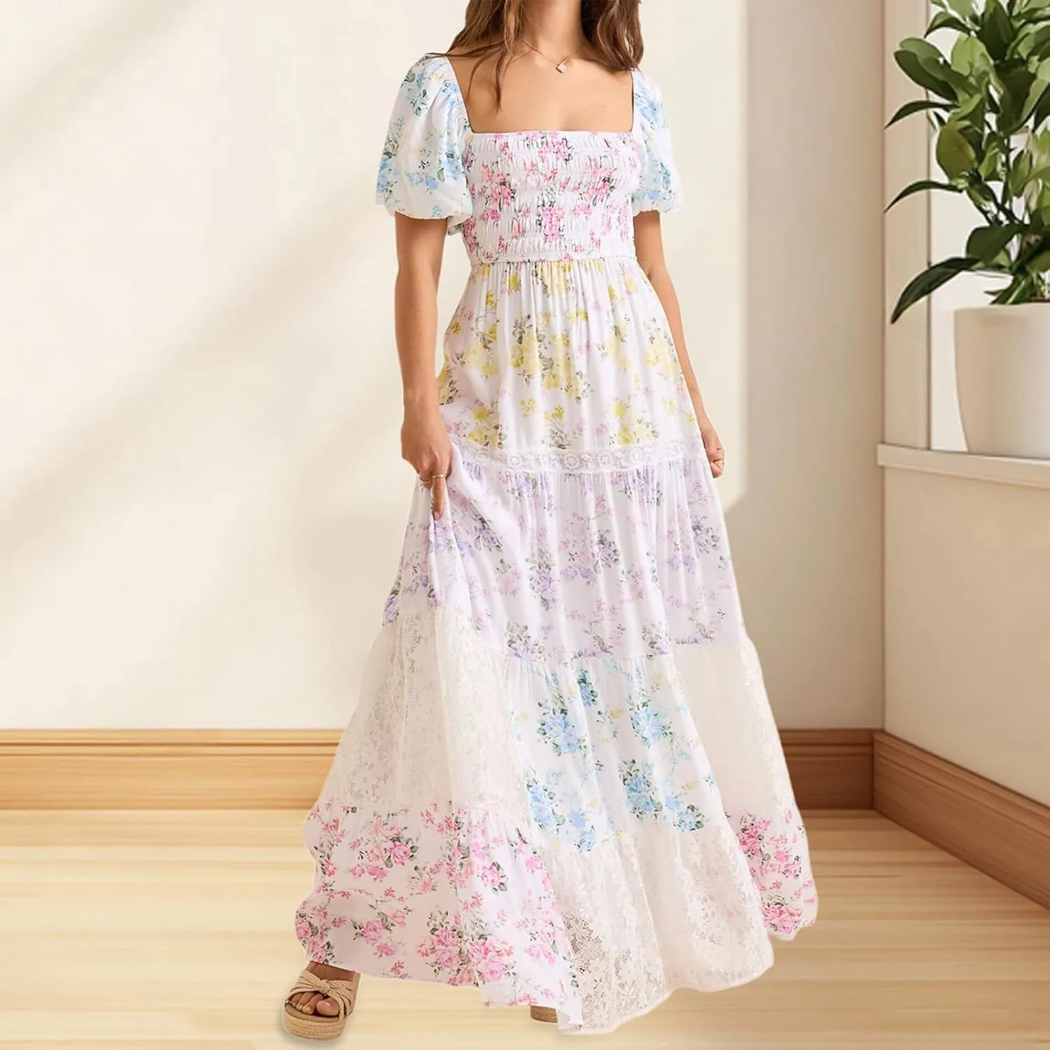 Women Boho Patchwork Maxi Dress Puff Short Sleeve Floral Smocked Long Dress Square Neck Flowy A-Line Long Beach Sundress