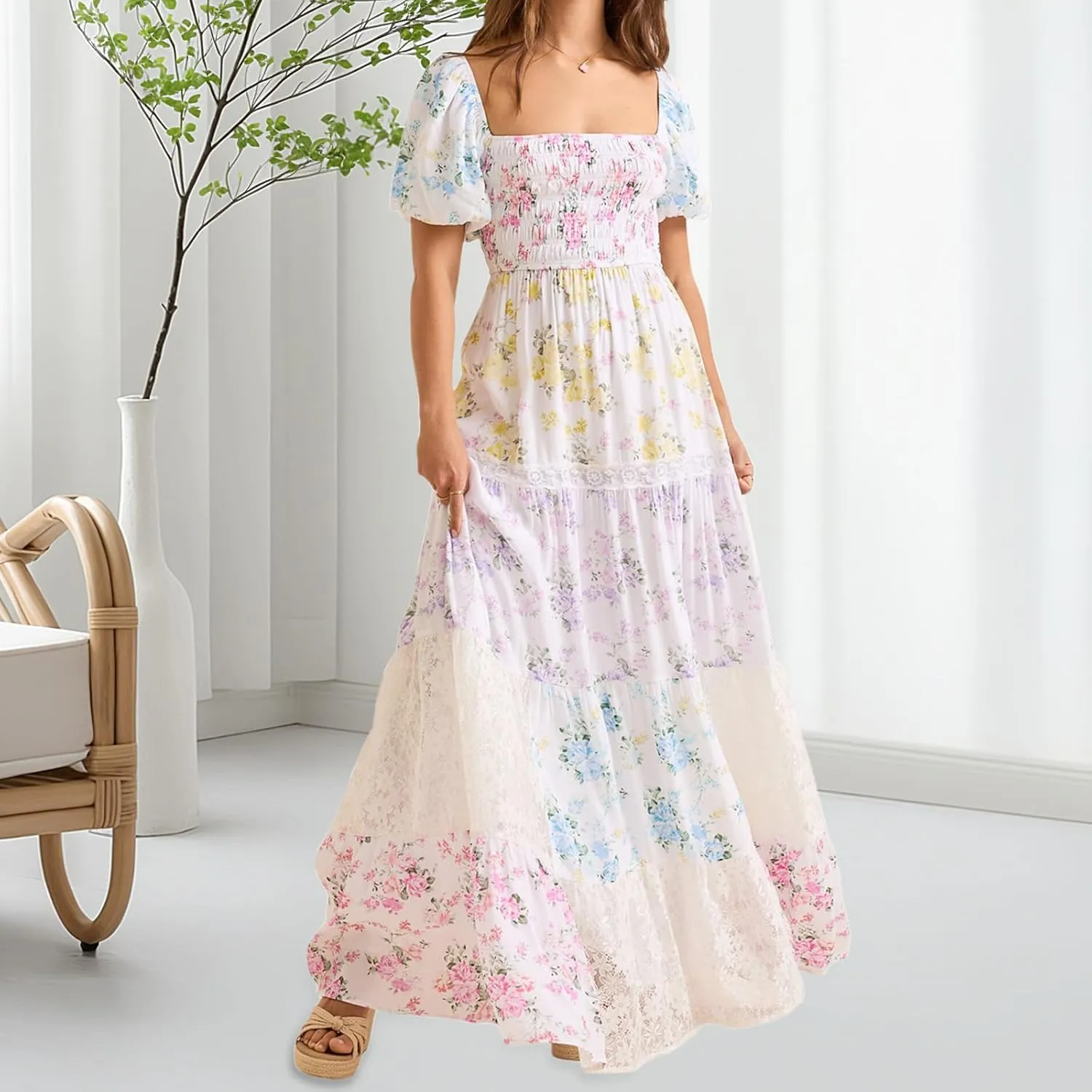 Women Boho Patchwork Maxi Dress Puff Short Sleeve Floral Smocked Long Dress Square Neck Flowy A-Line Long Beach Sundress