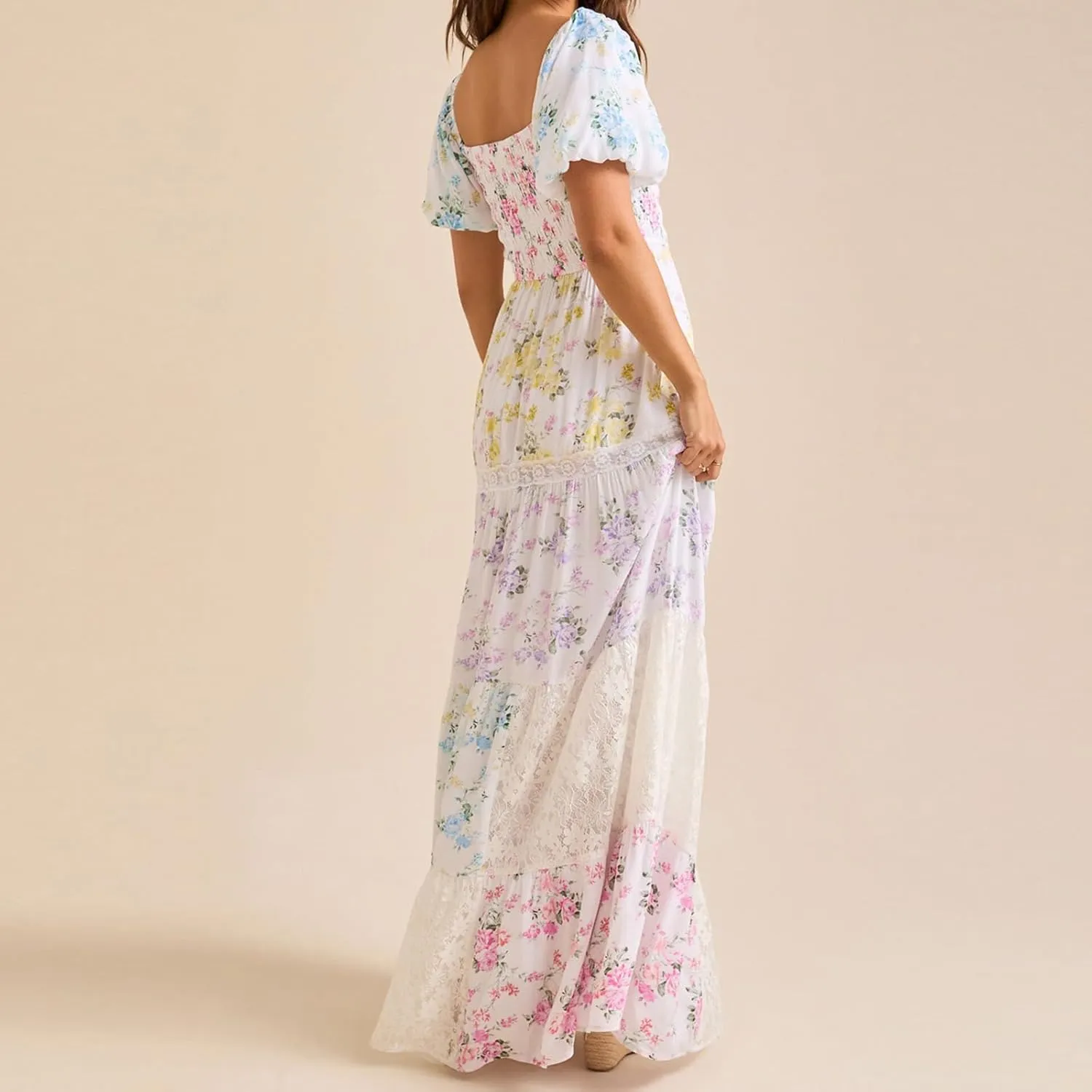 Women Boho Patchwork Maxi Dress Puff Short Sleeve Floral Smocked Long Dress Square Neck Flowy A-Line Long Beach Sundress
