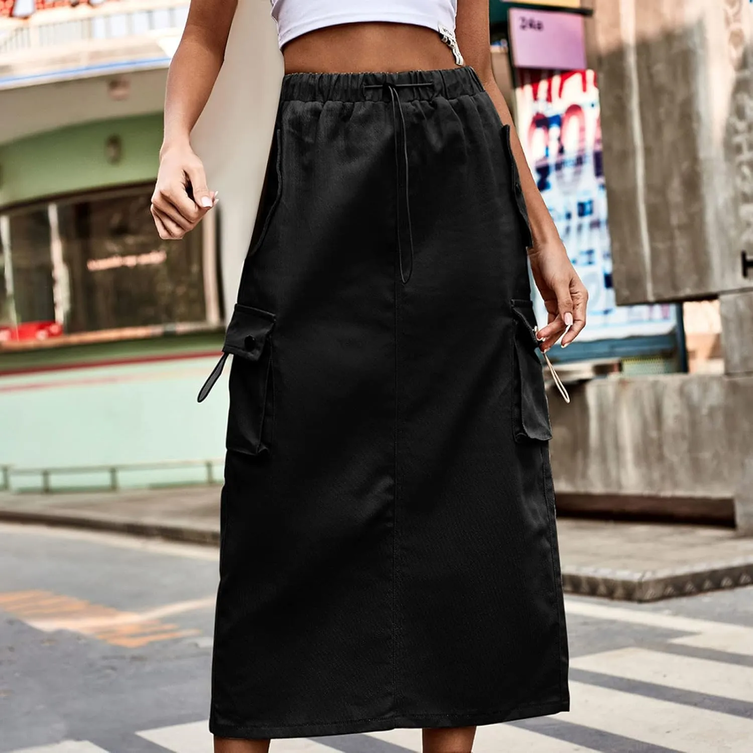 Women Denim Cargo Long Skirts Drawstring High Waisted Pencil Skirt Flowy A-line Midi Jean Skirt with Flap Pockets