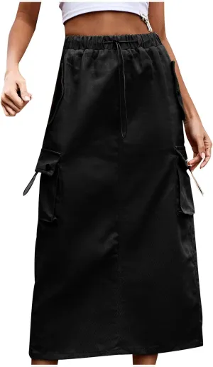 Women Denim Cargo Long Skirts Drawstring High Waisted Pencil Skirt Flowy A-line Midi Jean Skirt with Flap Pockets