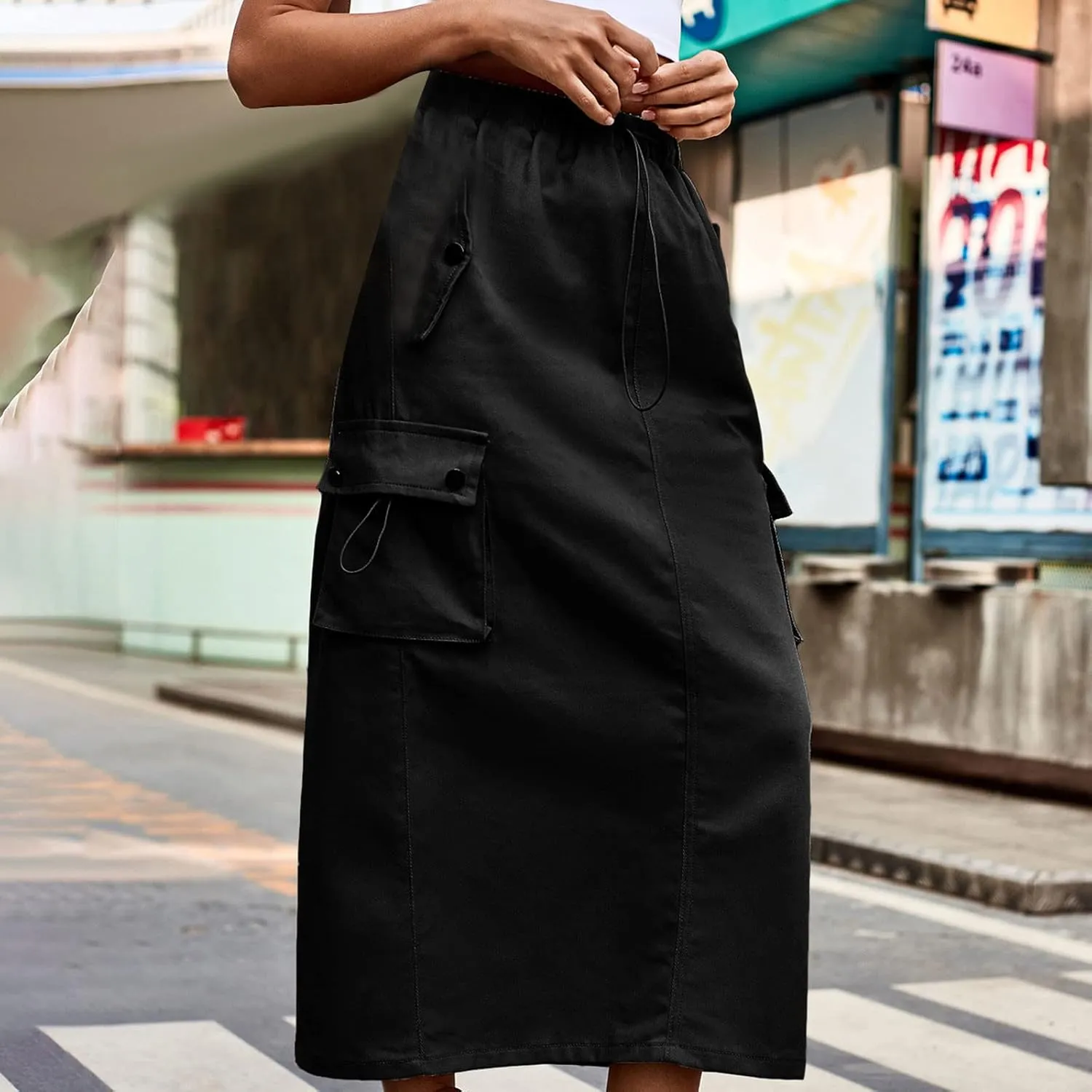 Women Denim Cargo Long Skirts Drawstring High Waisted Pencil Skirt Flowy A-line Midi Jean Skirt with Flap Pockets