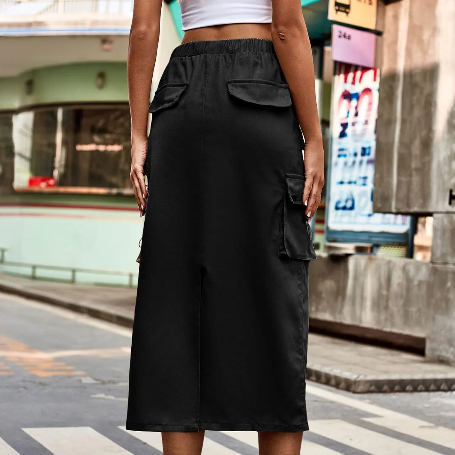 Women Denim Cargo Long Skirts Drawstring High Waisted Pencil Skirt Flowy A-line Midi Jean Skirt with Flap Pockets