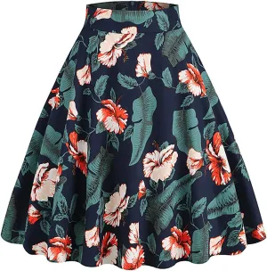 Women Floral Printed Skirt Elastic Waist A-Line Knee Length Skirt Vintage Pleated Midi Skirt