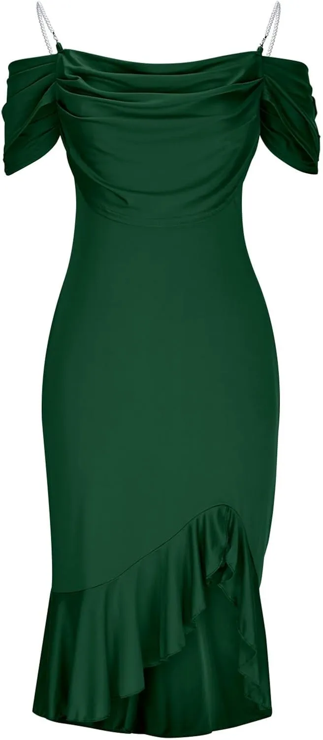 Women Off Shoulder Pearl Strap Mermaid Midi Dress, Solid Color Ruched Slim Elegant Prom Clothes Cocktail Casual Dresses