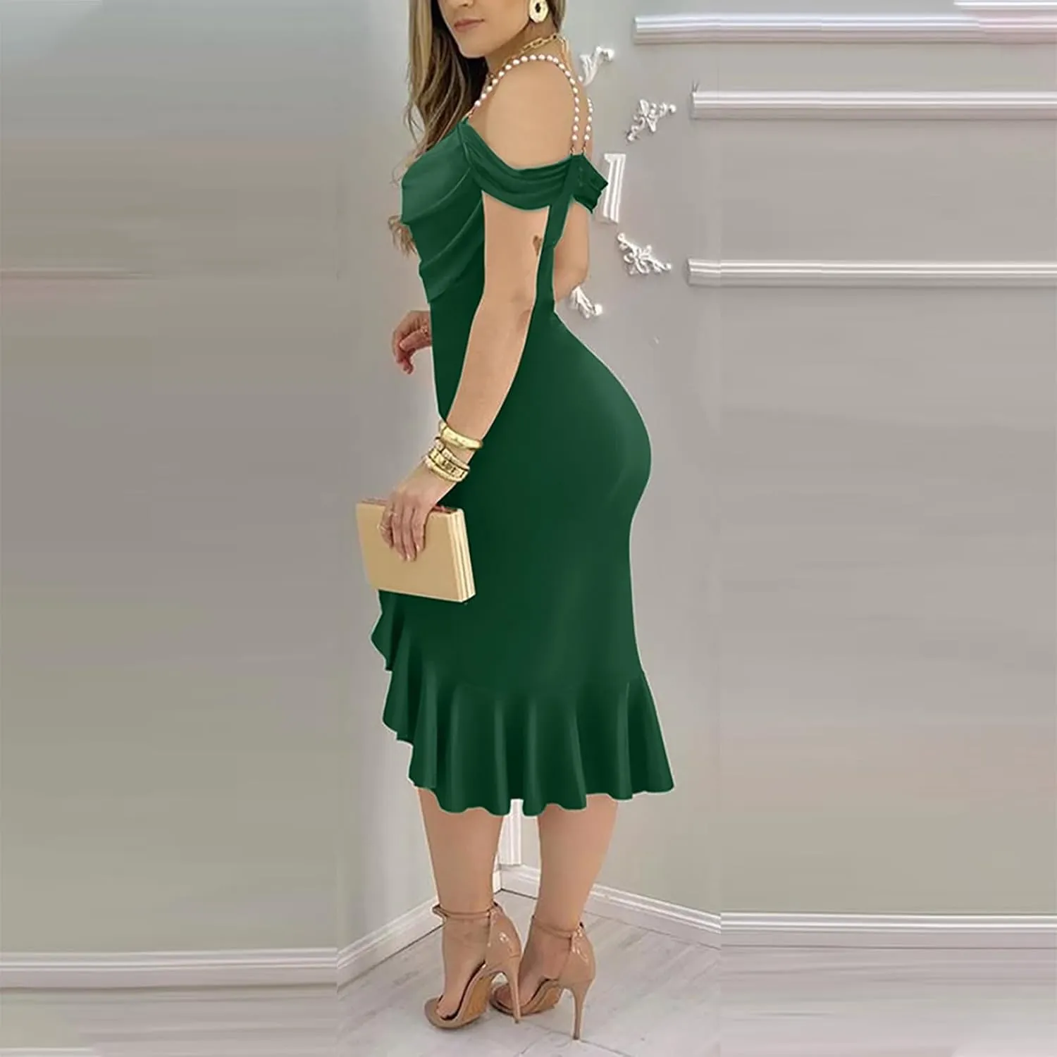 Women Off Shoulder Pearl Strap Mermaid Midi Dress, Solid Color Ruched Slim Elegant Prom Clothes Cocktail Casual Dresses