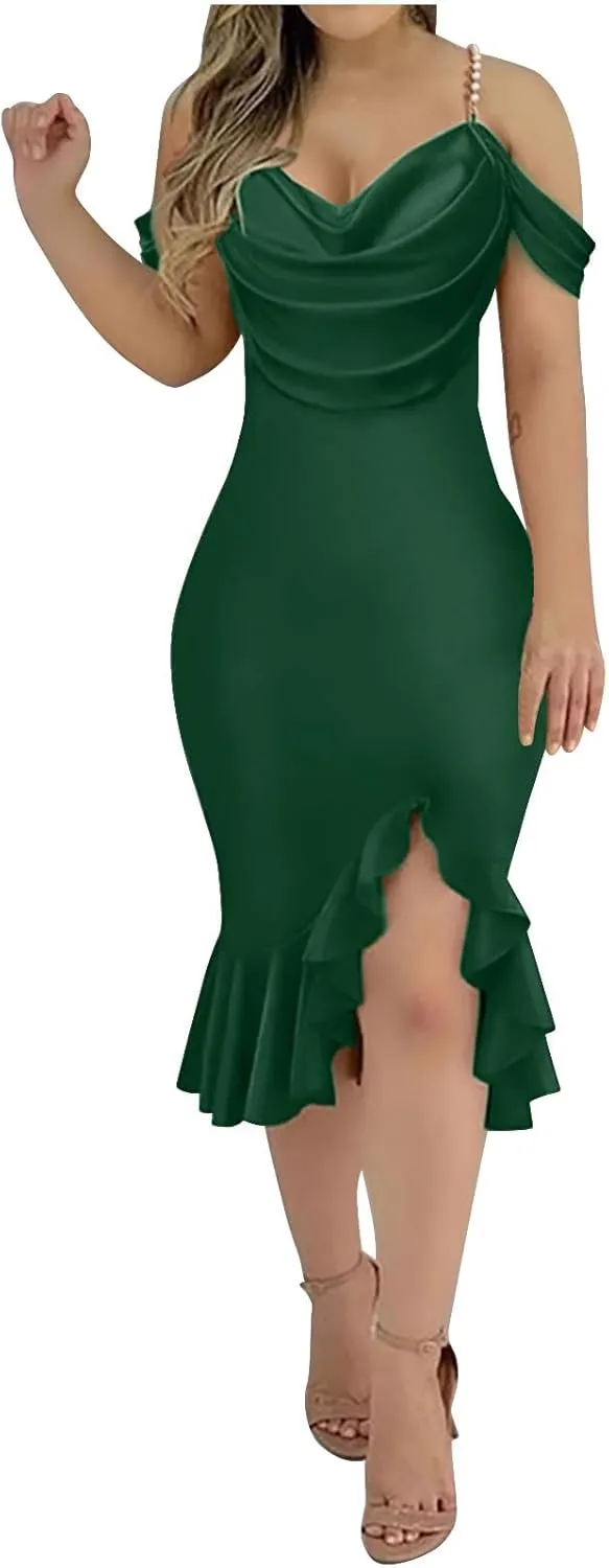 Women Off Shoulder Pearl Strap Mermaid Midi Dress, Solid Color Ruched Slim Elegant Prom Clothes Cocktail Casual Dresses
