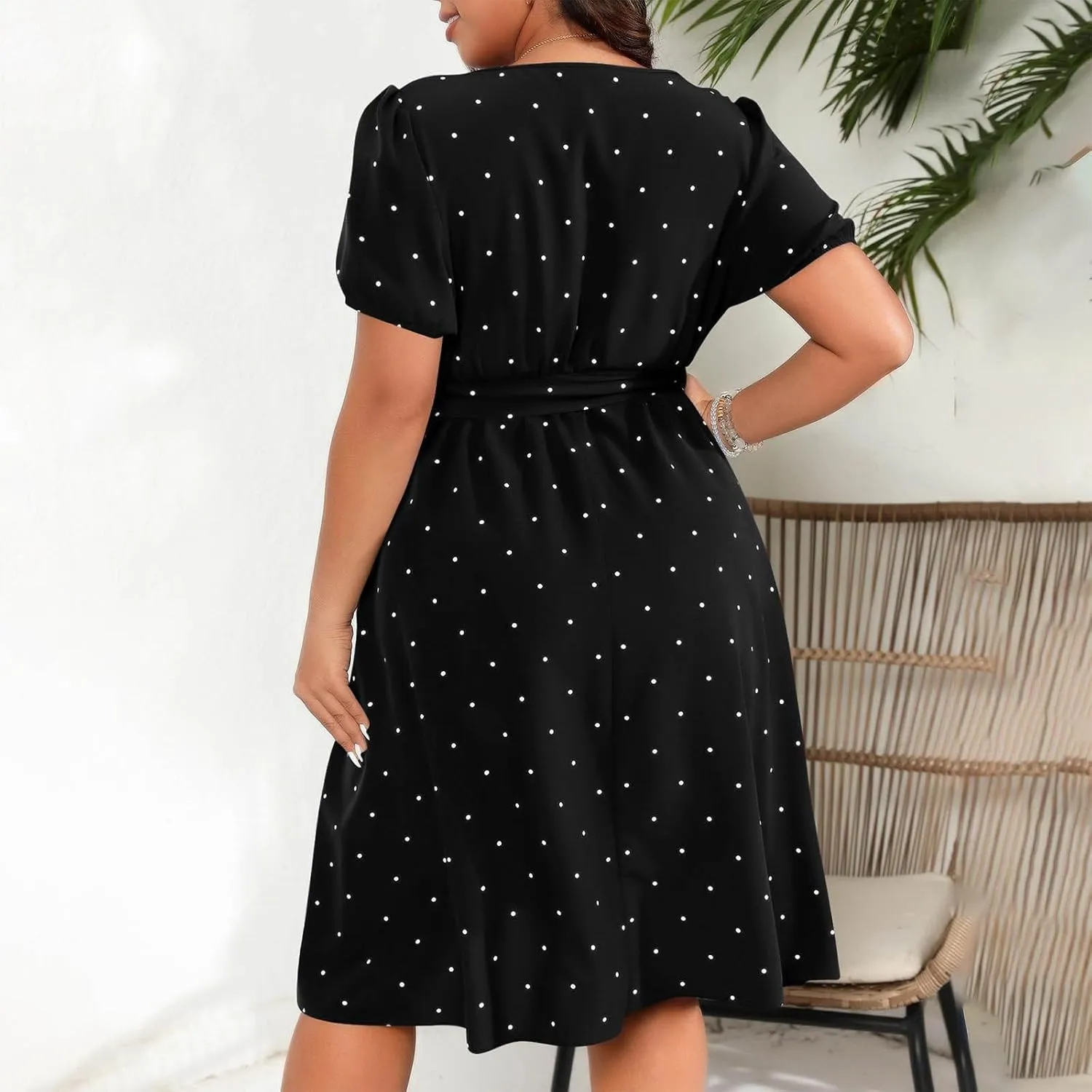 Women Plus Size Wedding Cocktail Midi Dress Summer Polka Dot Puff Sleeve Square Neck Belted A-Line Flowy Dresses