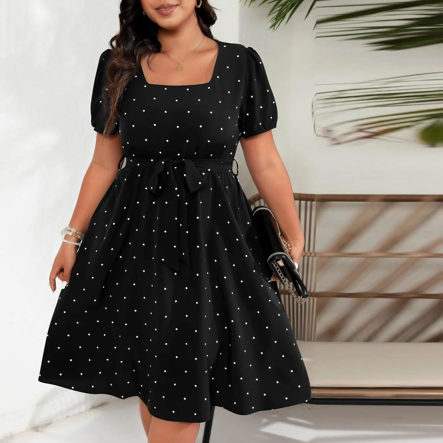 Women Plus Size Wedding Cocktail Midi Dress Summer Polka Dot Puff Sleeve Square Neck Belted A-Line Flowy Dresses