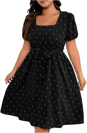 Women Plus Size Wedding Cocktail Midi Dress Summer Polka Dot Puff Sleeve Square Neck Belted A-Line Flowy Dresses