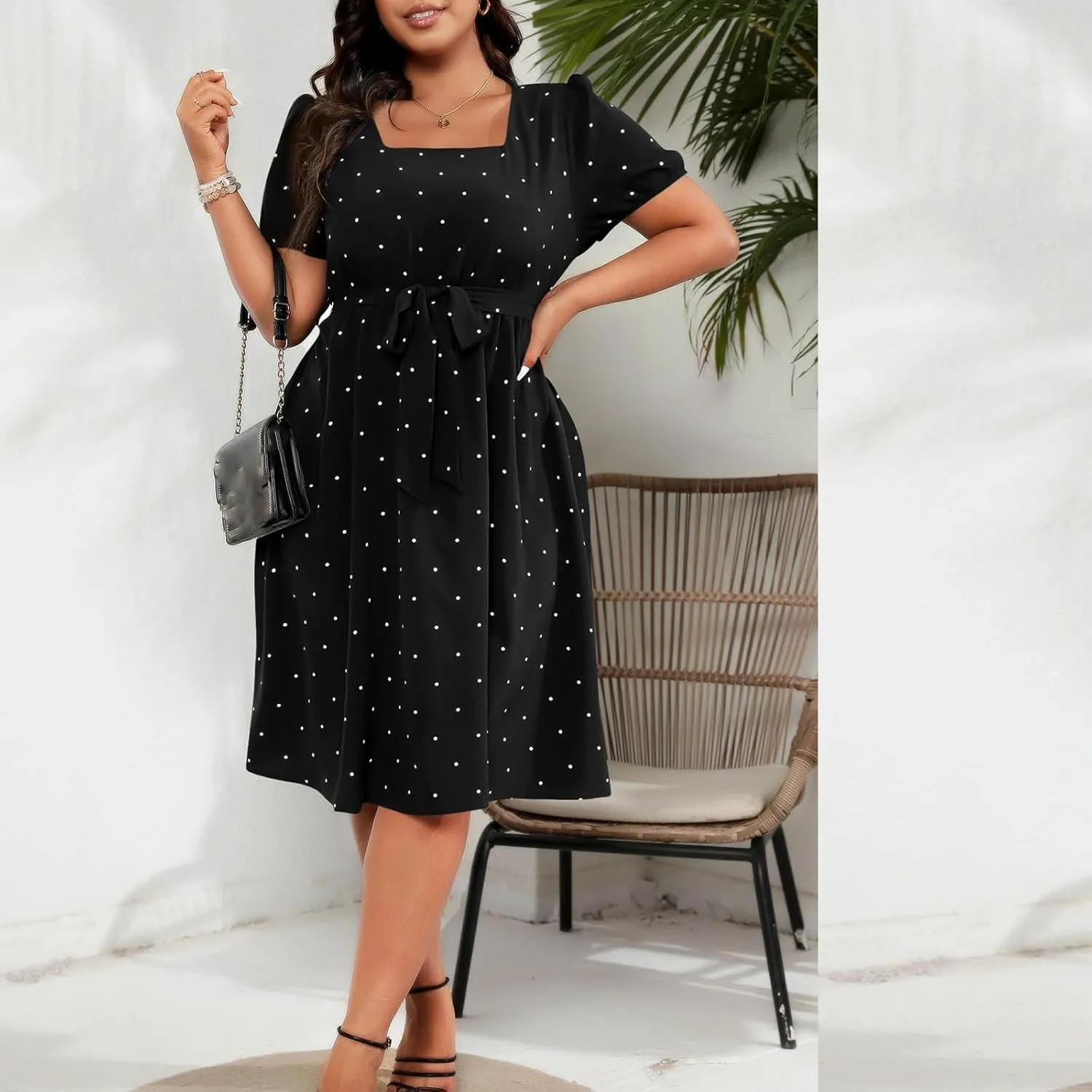 Women Plus Size Wedding Cocktail Midi Dress Summer Polka Dot Puff Sleeve Square Neck Belted A-Line Flowy Dresses