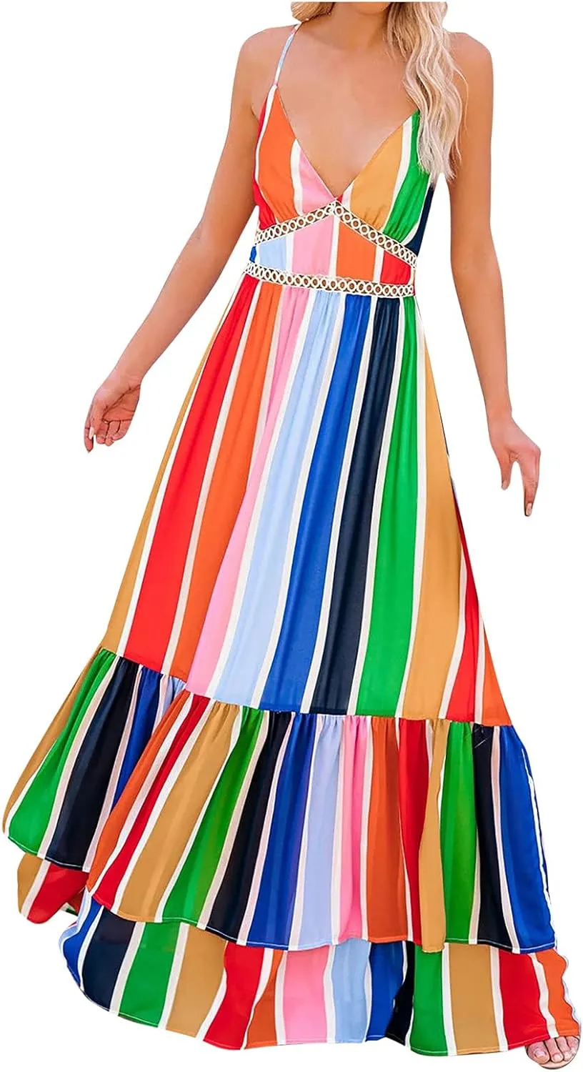 Women Rainbow Summer Dress Clothes Rainbow Ruffle Strap Dress Backless Sundress LGBTQ Accessories