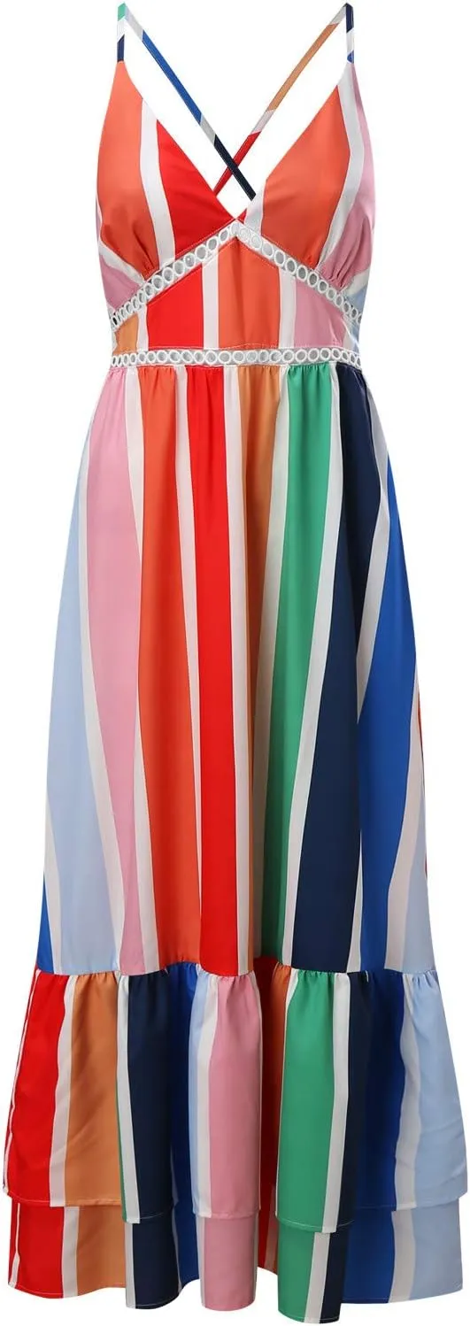 Women Rainbow Summer Dress Clothes Rainbow Ruffle Strap Dress Backless Sundress LGBTQ Accessories
