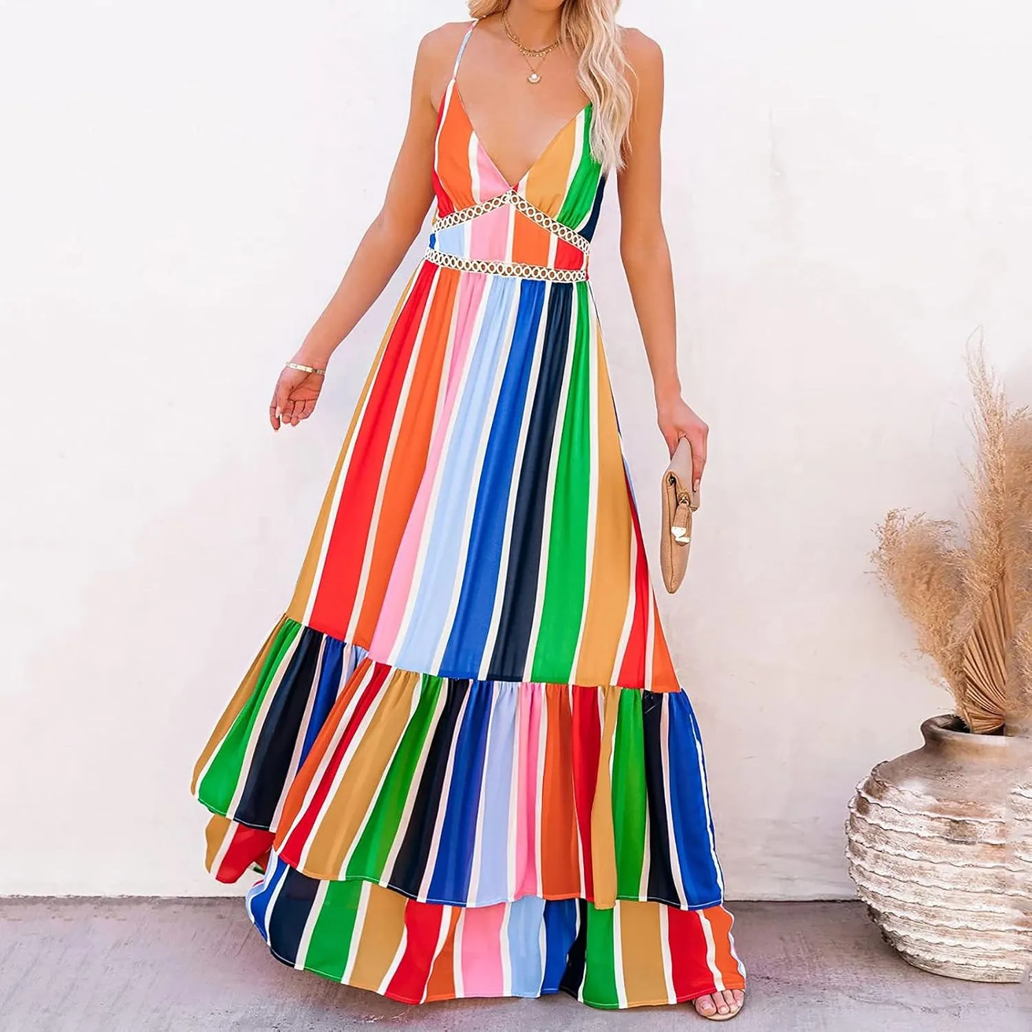 Women Rainbow Summer Dress Clothes Rainbow Ruffle Strap Dress Backless Sundress LGBTQ Accessories