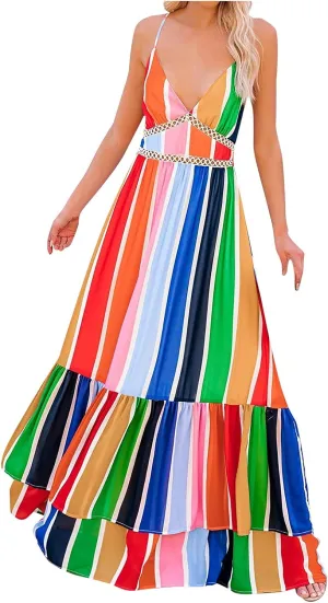 Women Rainbow Summer Dress Clothes Rainbow Ruffle Strap Dress Backless Sundress LGBTQ Accessories