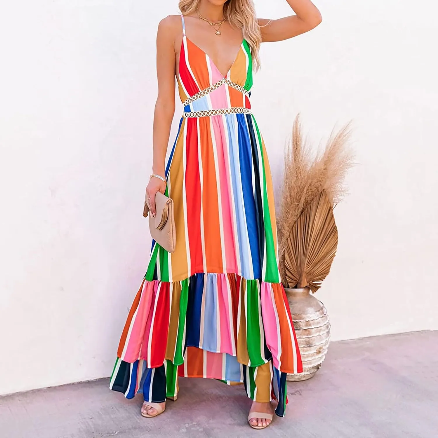 Women Rainbow Summer Dress Clothes Rainbow Ruffle Strap Dress Backless Sundress LGBTQ Accessories