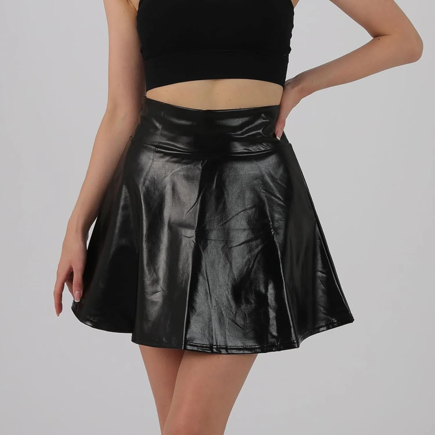 Women Shiny Short Skirt Metallic High Waisted Flared A-Line Mini Skater Skirts for Party Dance Performance Outfit