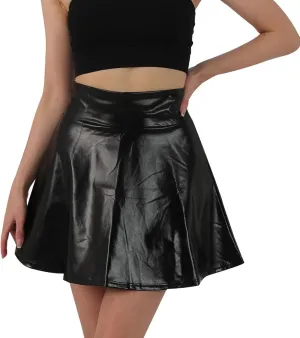 Women Shiny Short Skirt Metallic High Waisted Flared A-Line Mini Skater Skirts for Party Dance Performance Outfit