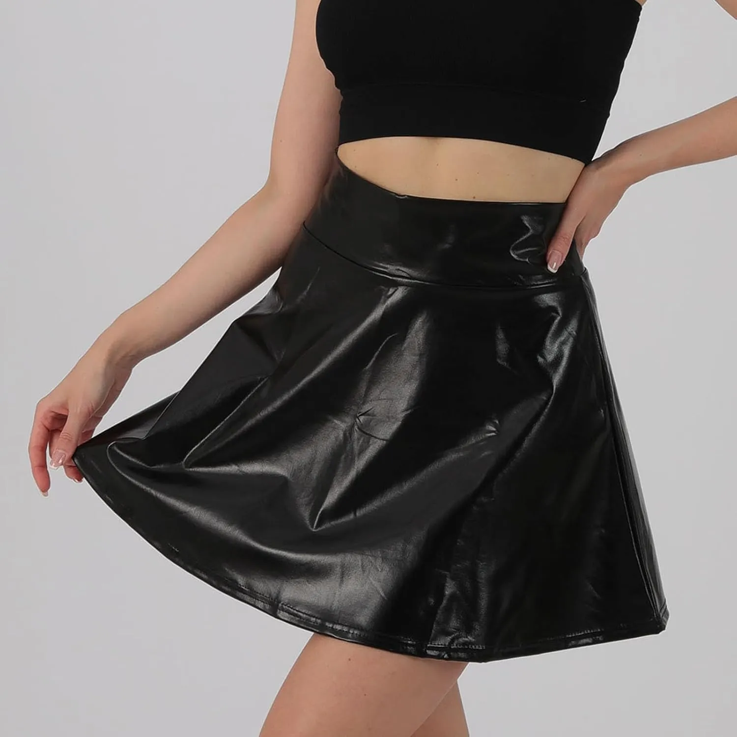 Women Shiny Short Skirt Metallic High Waisted Flared A-Line Mini Skater Skirts for Party Dance Performance Outfit