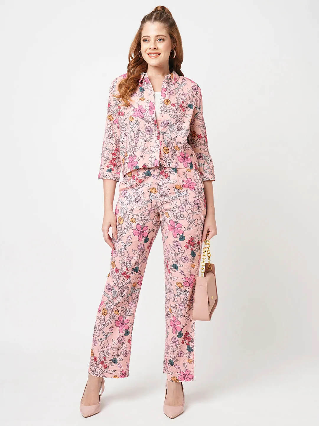 Women Soft Pink High-Rise Loose Straight Pants