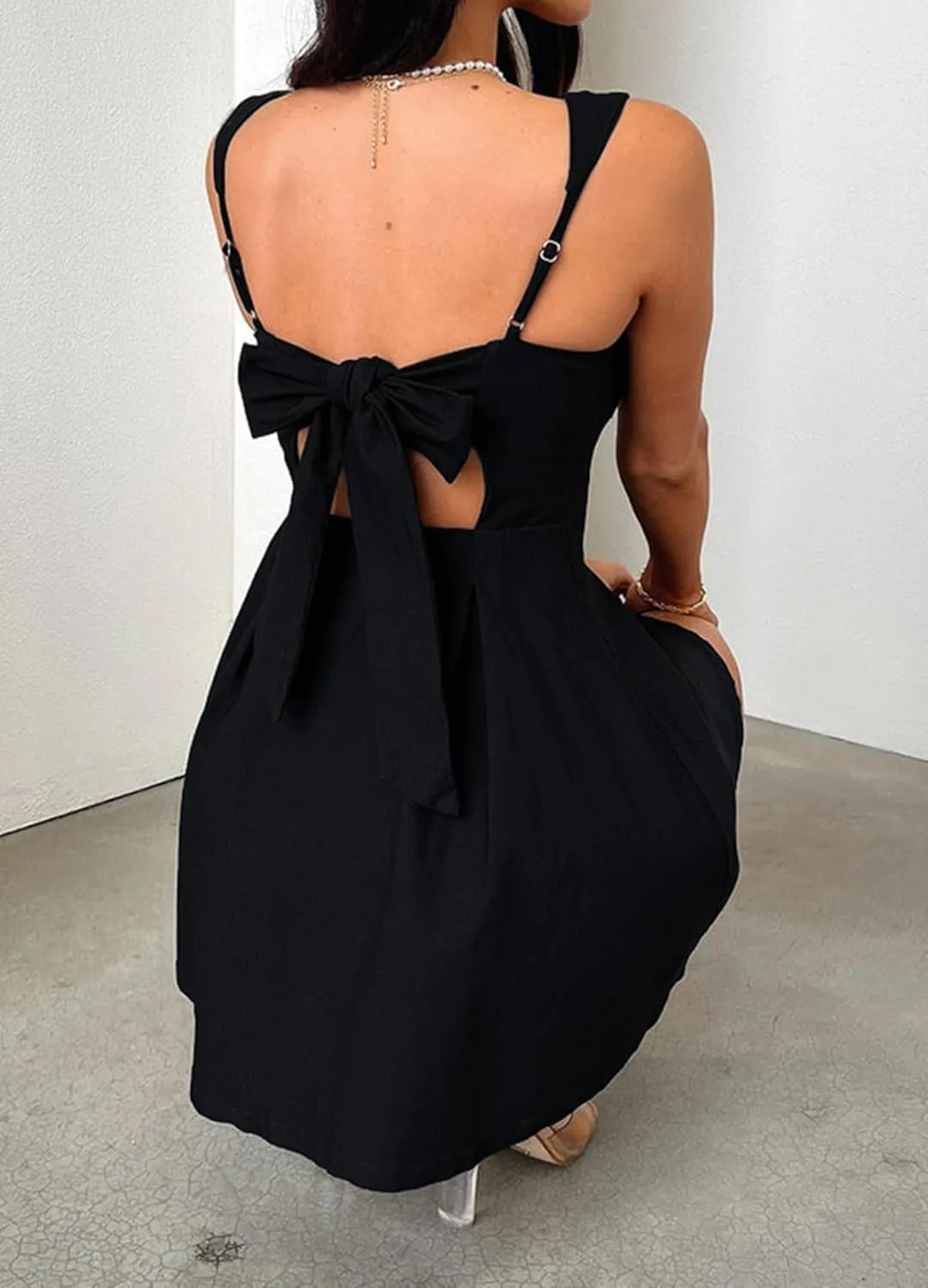 Women Square Neck Mini Party Dress Sleeveless Backless Bow Tie Short Party Dresses Club Wear