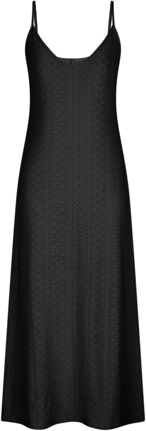 Women Strap Summer Dress Eyelet V Neck Spaghetti Strap Midi Dresses Casual Solid A-Line Flowy Sundress Beach Dress