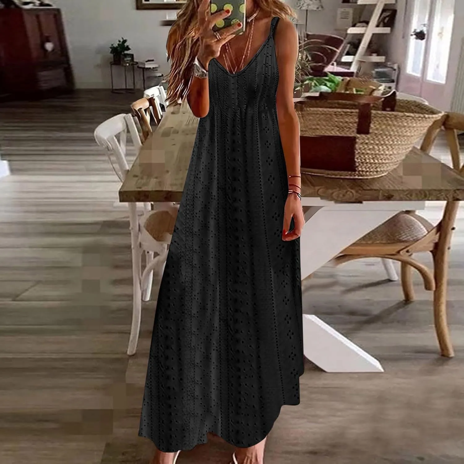 Women Strap Summer Dress Eyelet V Neck Spaghetti Strap Midi Dresses Casual Solid A-Line Flowy Sundress Beach Dress