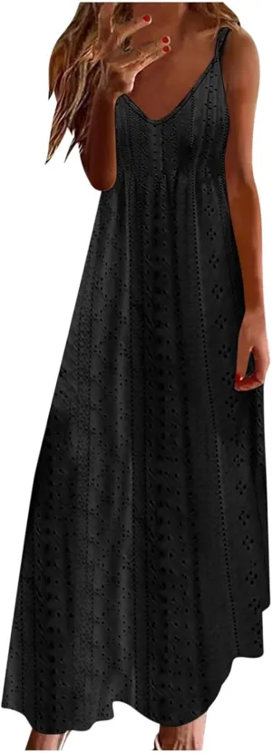 Women Strap Summer Dress Eyelet V Neck Spaghetti Strap Midi Dresses Casual Solid A-Line Flowy Sundress Beach Dress