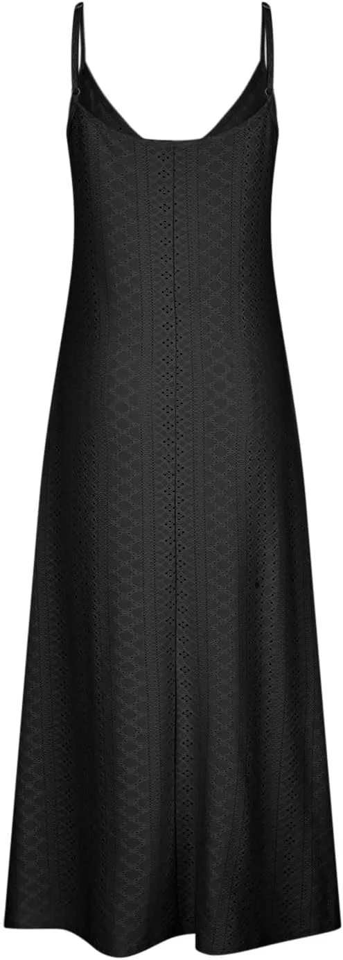 Women Strap Summer Dress Eyelet V Neck Spaghetti Strap Midi Dresses Casual Solid A-Line Flowy Sundress Beach Dress