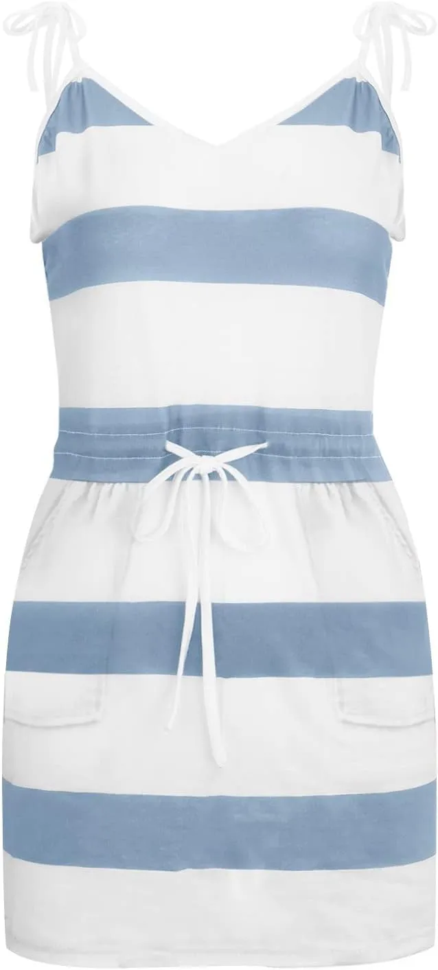 Women Summer Casual Short Dresses Sleeveless V Neck Drawstring T Shirt Dress Mini Dress Striped Sundress with Pockets