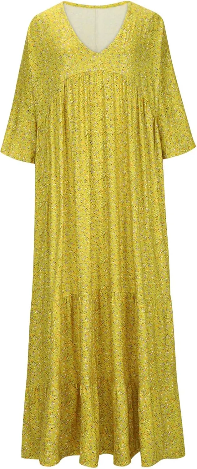 Women V-Neck Beach Long Dress, 2024 Boho Plus Size Summer Floral Maxi Dress Short Sleeve Tiered Swing Flowy Ruffle Dress
