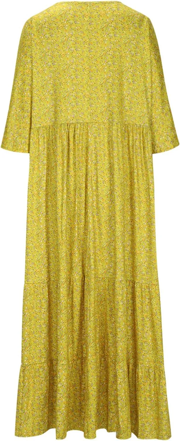 Women V-Neck Beach Long Dress, 2024 Boho Plus Size Summer Floral Maxi Dress Short Sleeve Tiered Swing Flowy Ruffle Dress
