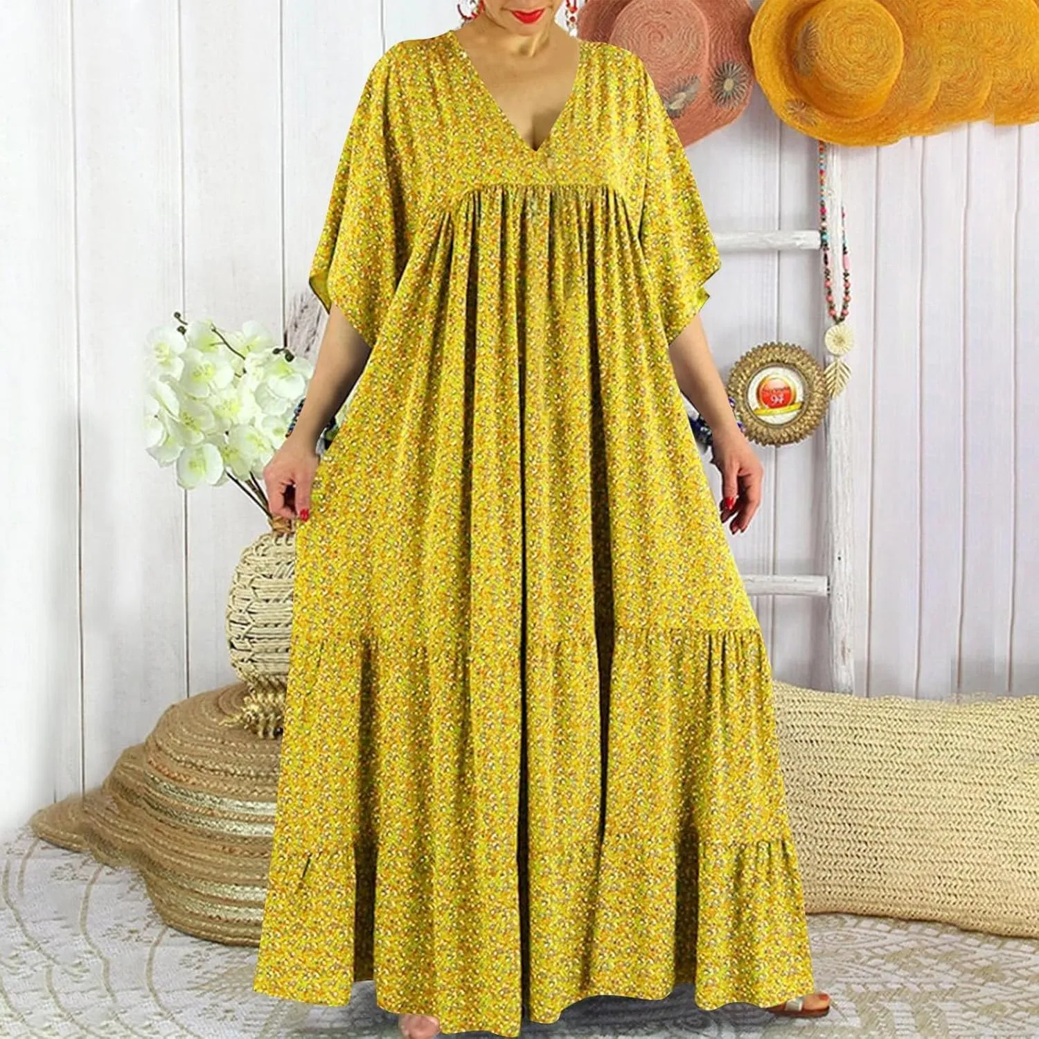 Women V-Neck Beach Long Dress, 2024 Boho Plus Size Summer Floral Maxi Dress Short Sleeve Tiered Swing Flowy Ruffle Dress