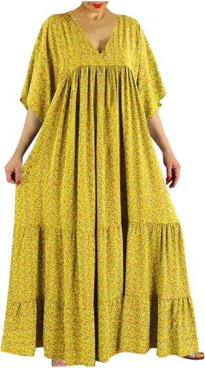 Women V-Neck Beach Long Dress, 2024 Boho Plus Size Summer Floral Maxi Dress Short Sleeve Tiered Swing Flowy Ruffle Dress