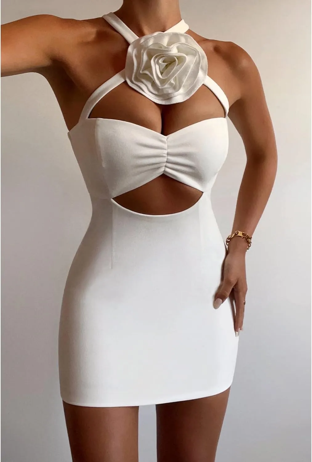 Women y2k Bodycon Mini Dress Spaghetti Strap Cami Dress Backless 3D Floral Ruffle Short Dresses