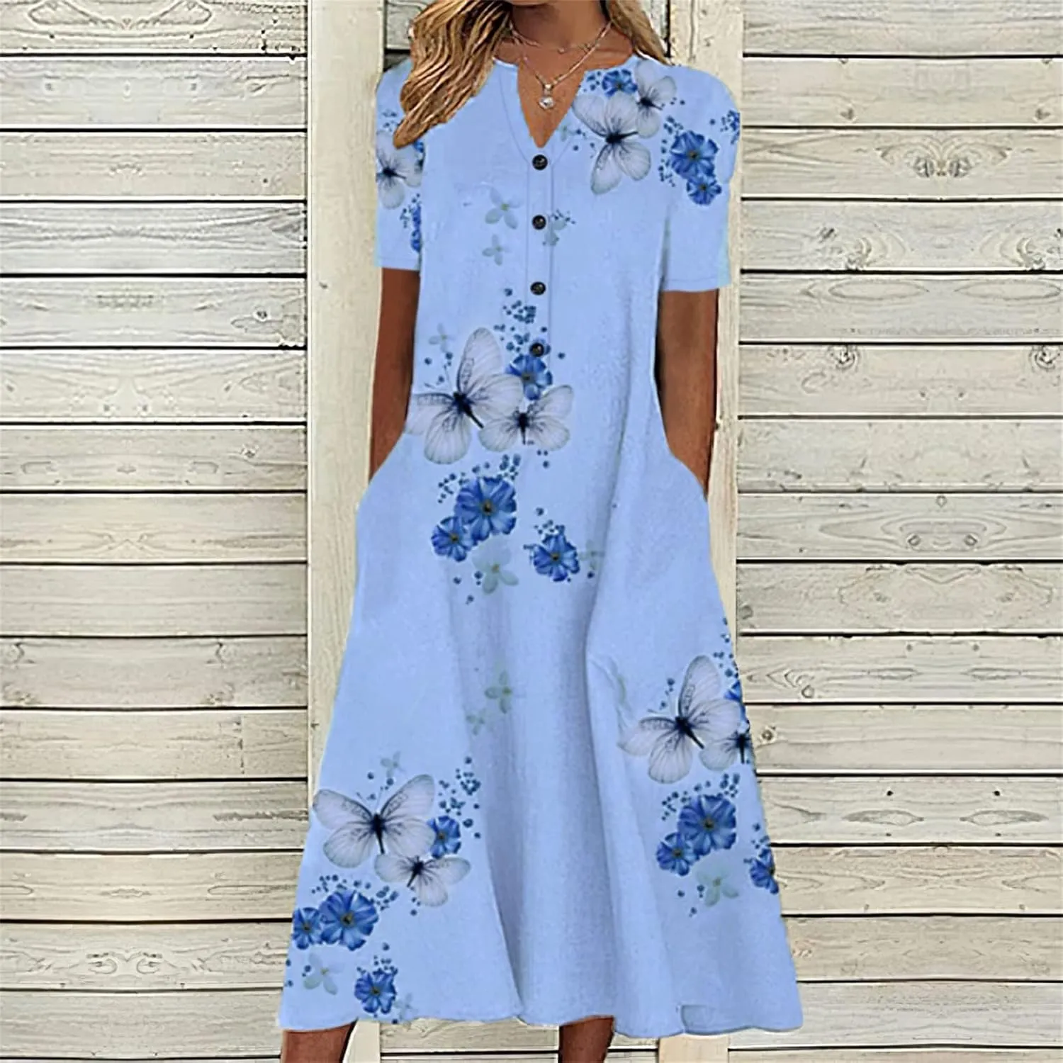 Women's 2025 Sundresses Casual Summer Tank Dress V Neck Sleeveless Button Down Midi Floral Beach Dress with Pockets