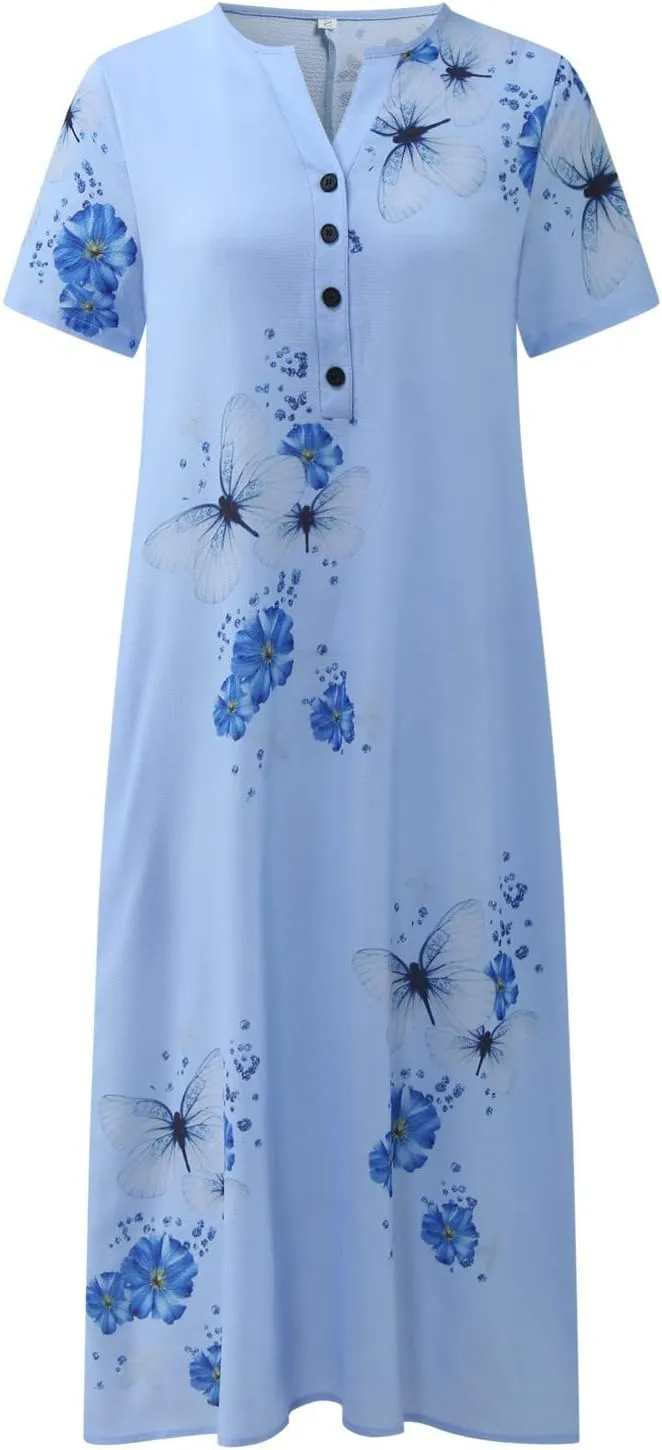 Women's 2025 Sundresses Casual Summer Tank Dress V Neck Sleeveless Button Down Midi Floral Beach Dress with Pockets