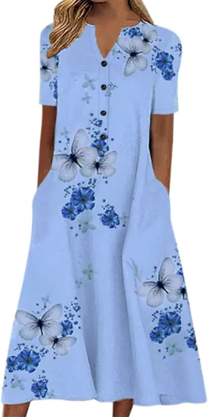 Women's 2025 Sundresses Casual Summer Tank Dress V Neck Sleeveless Button Down Midi Floral Beach Dress with Pockets