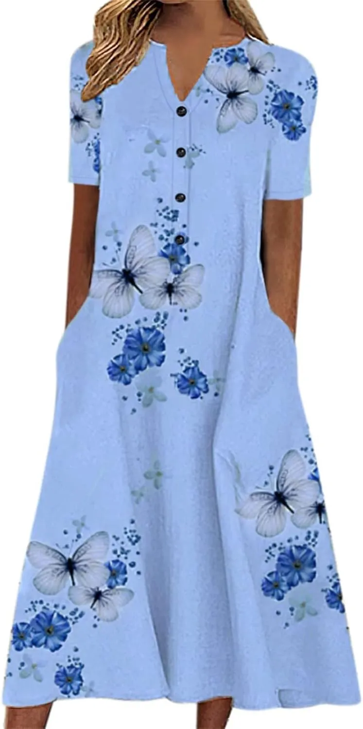 Women's 2025 Sundresses Casual Summer Tank Dress V Neck Sleeveless Button Down Midi Floral Beach Dress with Pockets